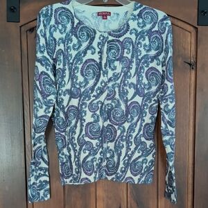 Merona White Cardigan with Purple and Blue Paisley Print